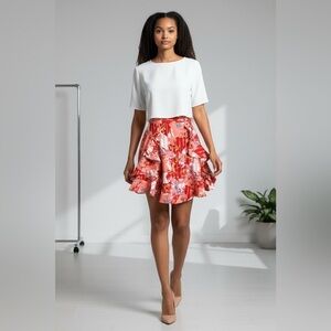C/MEO Collective Coral Red Floral Ruffle High Waist Mini Skirt Small